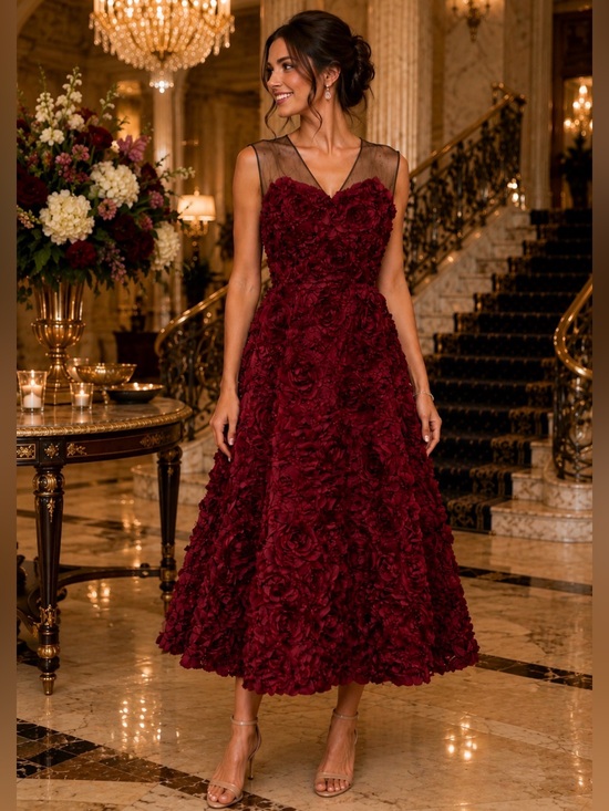 Tracy Reese Dresses & Skirts - NWT Tracy Reese Burgundy Silk Rosette Floral Cocktail Dress Illusion Mesh Size 8